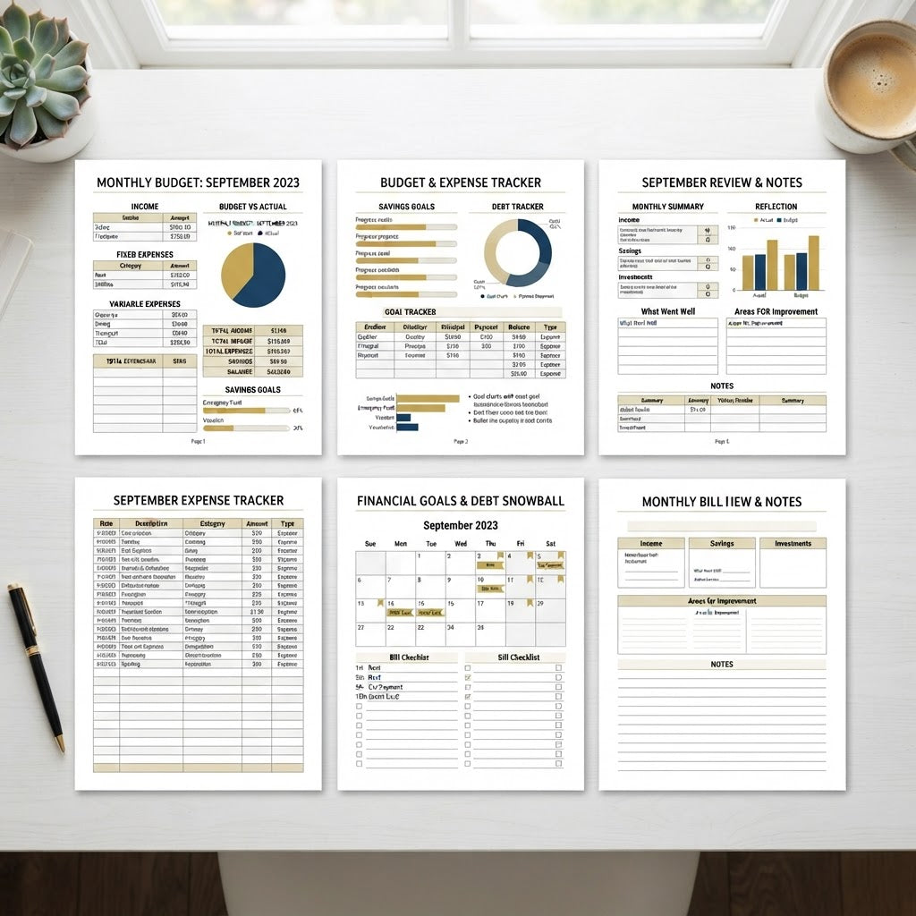 Inside the Budget & Expense Tracker - sample pages showing budget tables, savings goals, and expense tracking