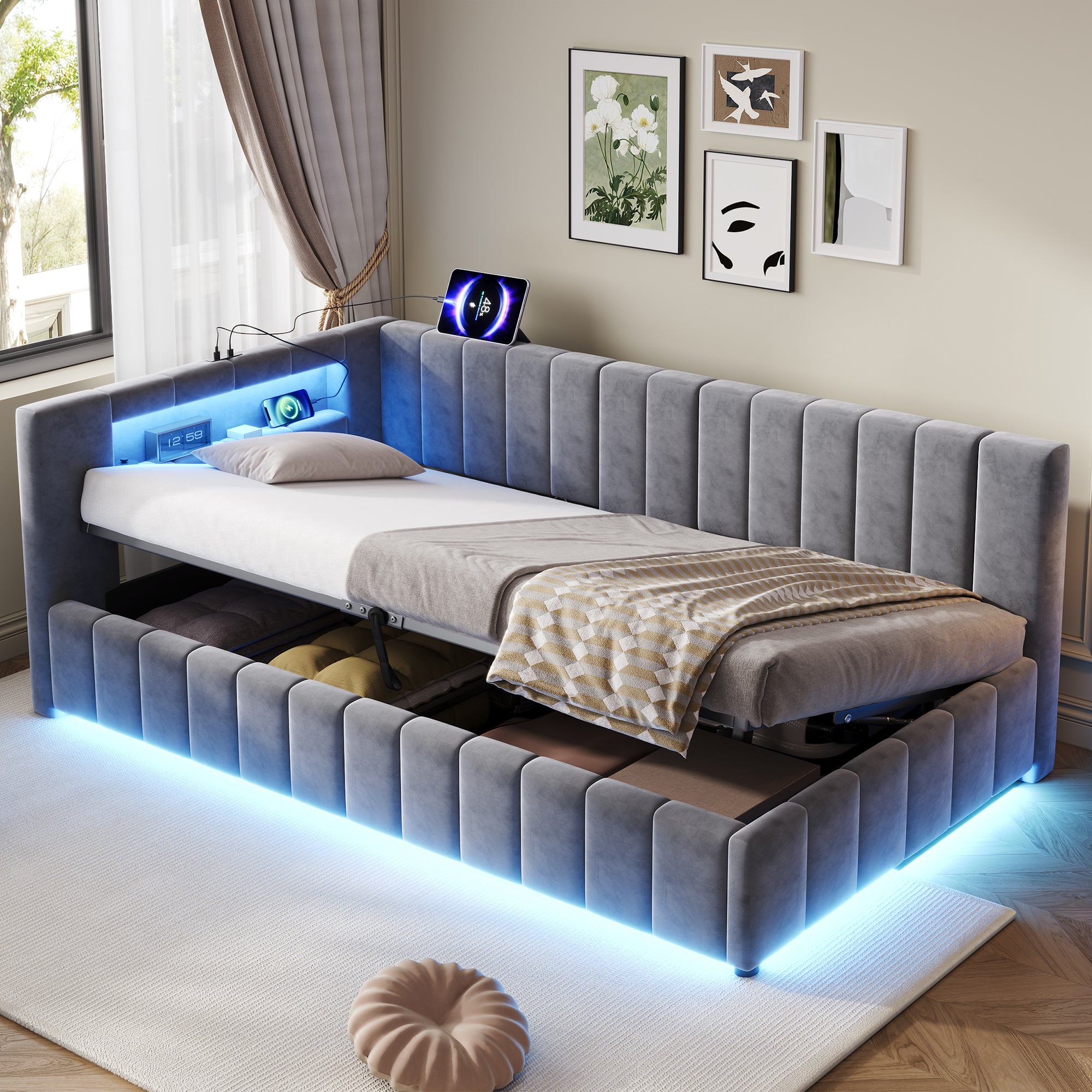 3ft Velvet Hydraulic Storage Bed With RGB LED Lighting