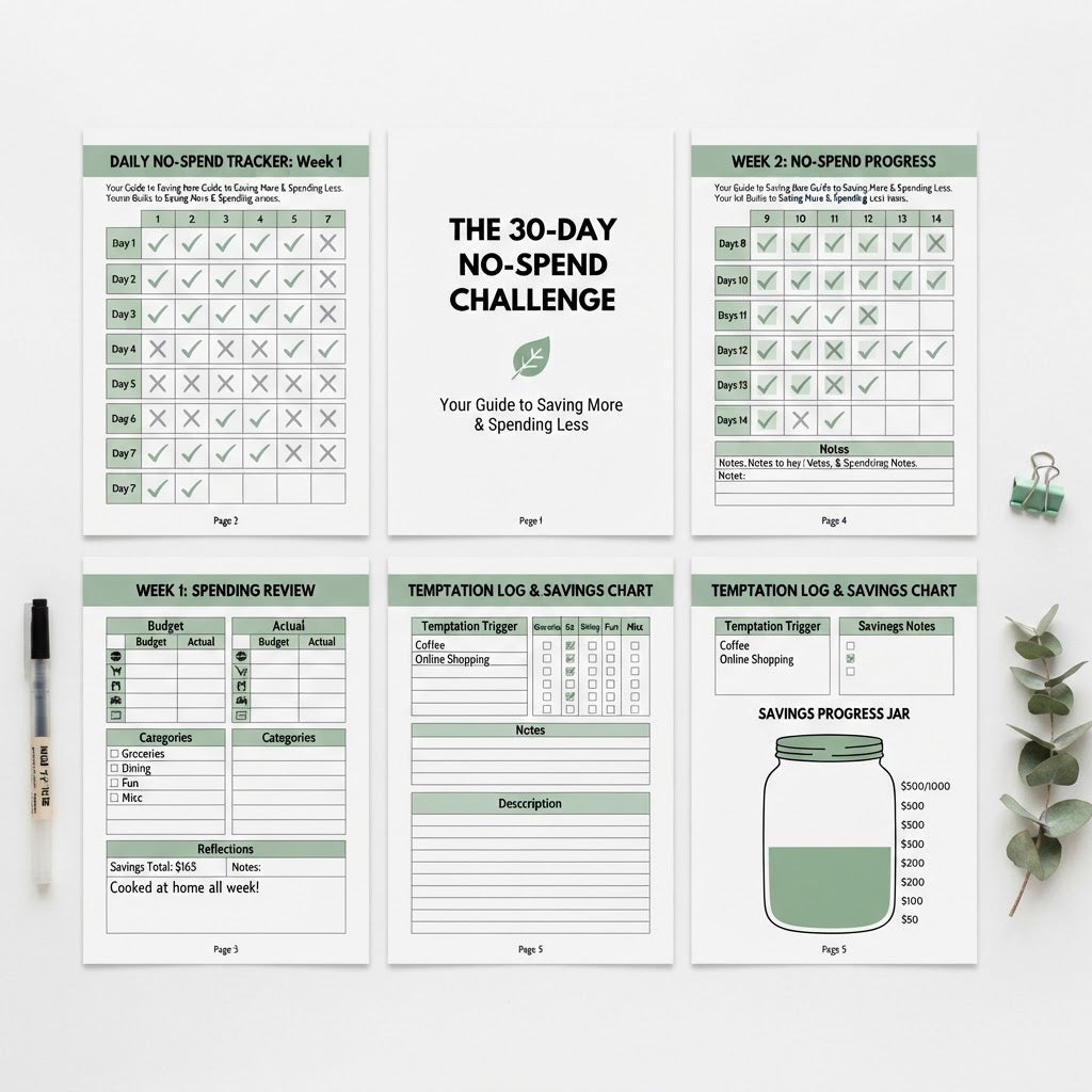 No-Spend Challenge Tracker interior pages preview