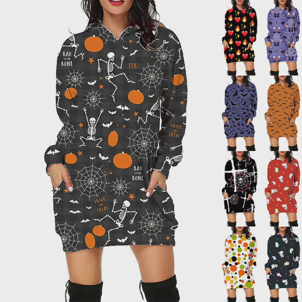 Halloween Print Long Hoodie With Pockets Sweater Long Sleeve Clothes Women