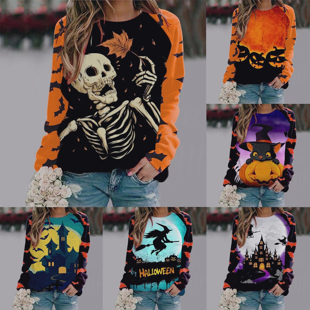 Halloween Cartoon Print Sweatshirt Long Sleeve Pullover Tops Women