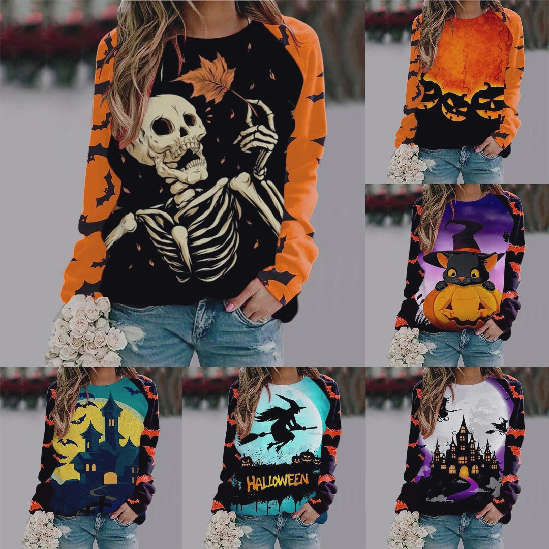 Halloween Cartoon Print Sweatshirt Long Sleeve Pullover Tops Women