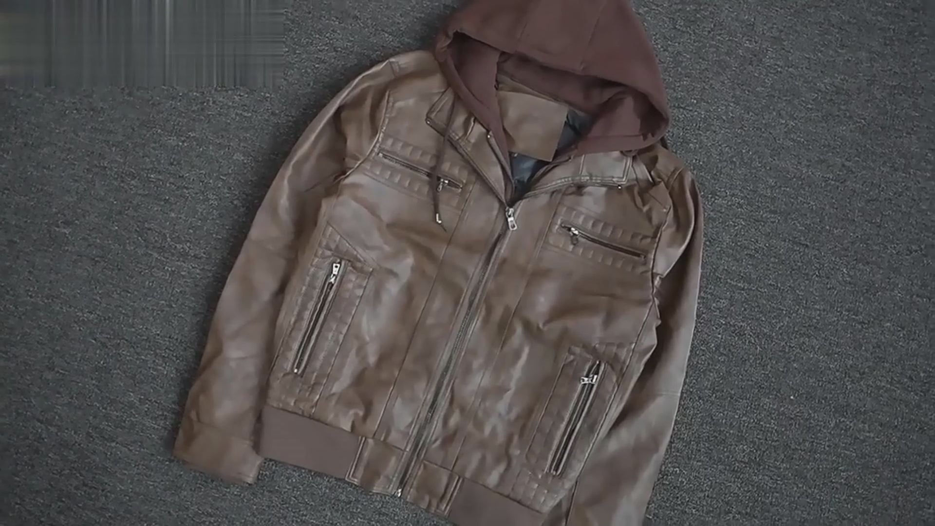 Hooded Jacket With Zipper Pockets Fashion Warm Pu Leather Coat Mens Clothing