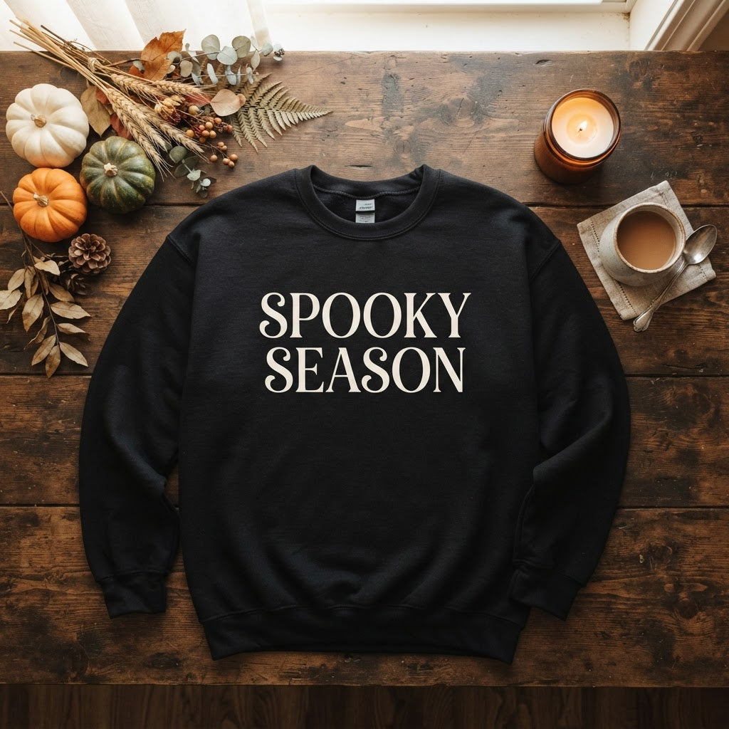 Spooky Season Sweatshirt flat lay with autumn decor
